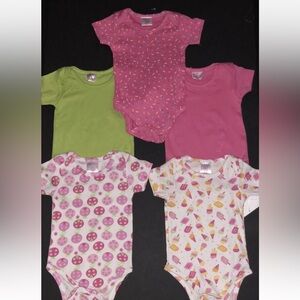 5-Pack Girls' Pink & Green Cotton Short-Sleeve Bodysuits lady bug ice cream